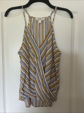 Market & Spruce Striped Halter Crossover Tank in Mustard, Gray and White